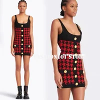 sexy deep v neck knitted party dress women high end luxury design branded metal buckle houndstooth pattern bodycon mini dresses