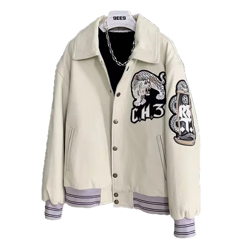 

Winter Windproof Warm High Quality Men's Thickened Genuine Leather Cotton Coat Sheep Skin Tiger Baseball Jacket