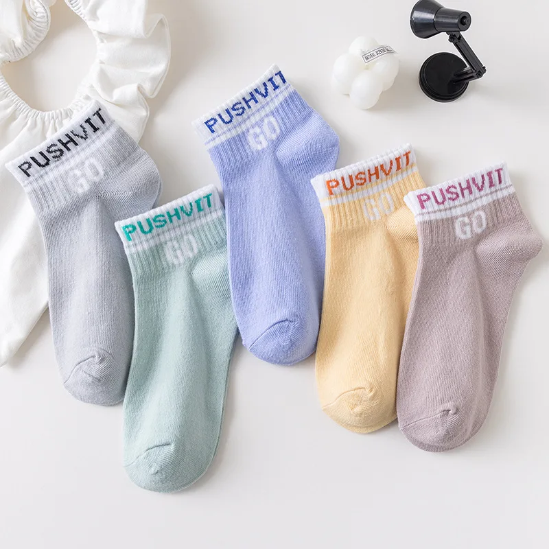 5 pairs of thin summer style female short tube ins trend with pure color letters simple breathable low-top shallow socks