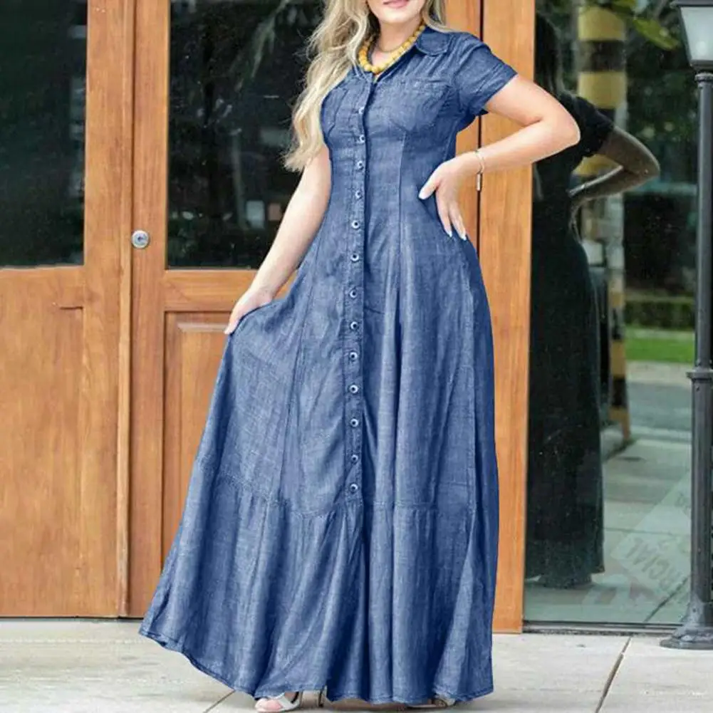 

Patch Pocket Long Dress Elegant Women's Denim Dress Lapel Short Sleeve High Waist Ruffle Hem A-line Silhouette Patch Pocket