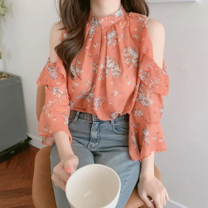 

Flare Sleeve Blouse for Women Casual Shirt Off Shoulder Tops Floral Chiffon Blouses