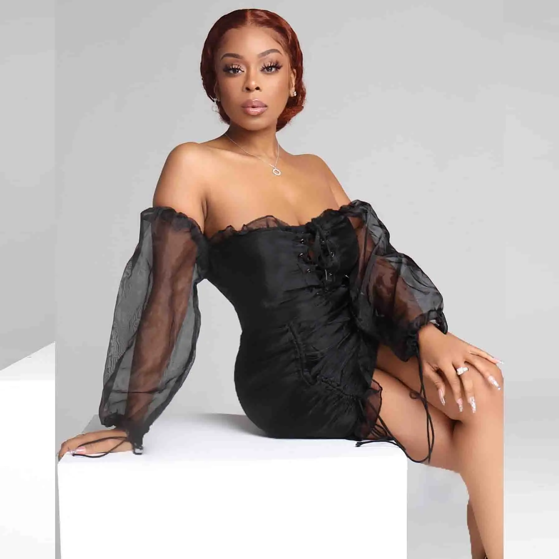 

Mesh Sheer Mini Luxury Black Dress Sexy Club Party Casual Elegant Bodycon Evening Puff Sleeve Dresses See Through Skirt