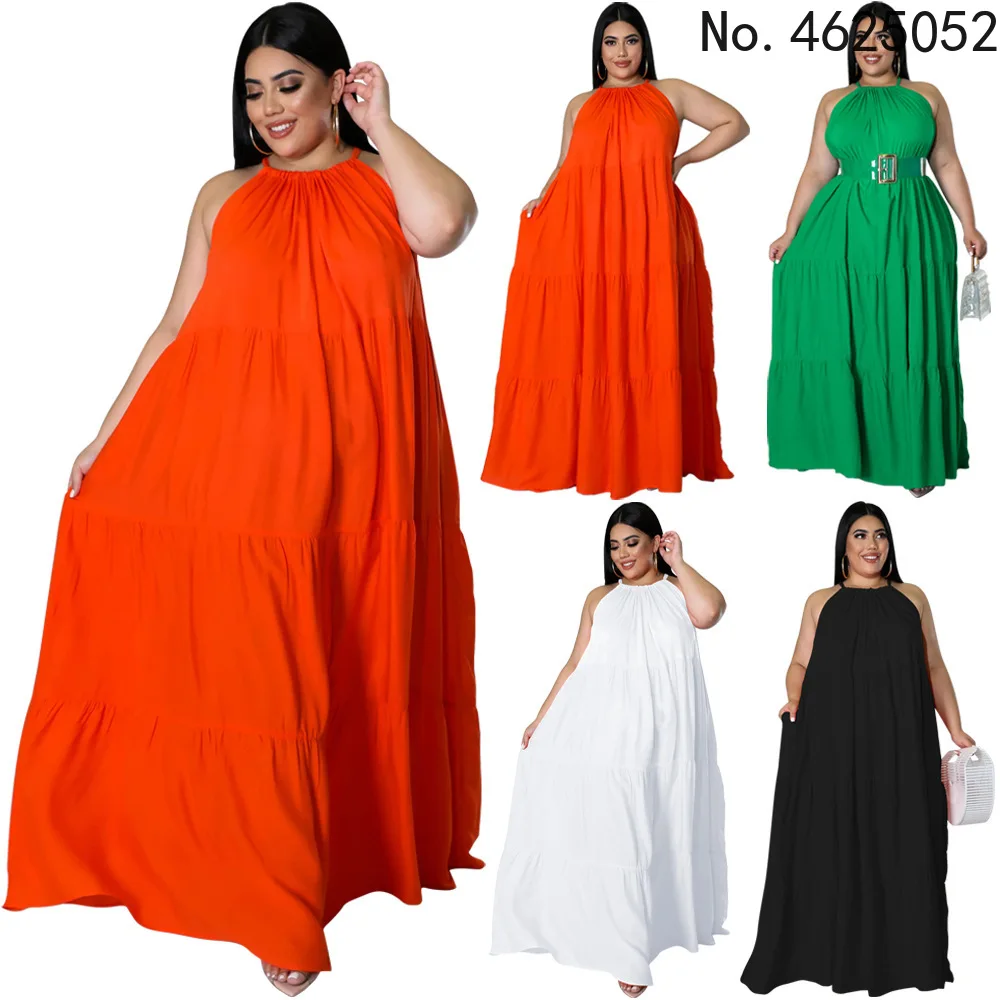 

Women Maxi Dress 5XL 4XL Lace Up Halter Loose Robe Summer New Solid Ruffle Patchwork Beach Style Sexy Large Size Dress