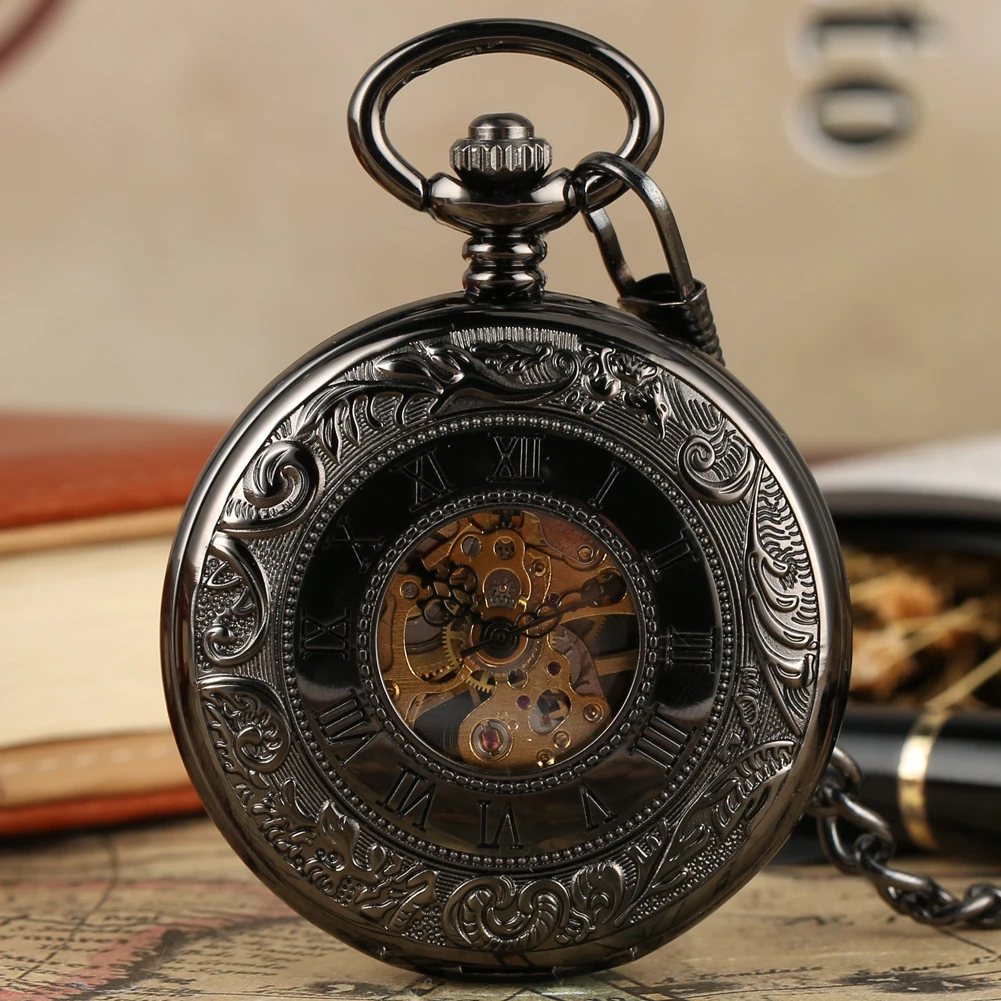 Black Roman Numerals Double Cover Manual Mechanical Pocket Watch Exquisite Round Dial Antique Pendant Pocket Timepiece Male