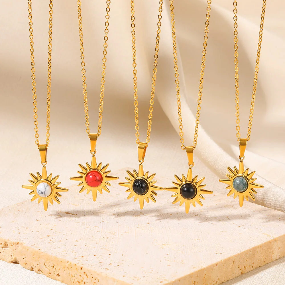 

Opal Stainless Steel Necklace For Women Sun Pendant Gold Color Natural Stone Amulet Fashion Jewelry Accessories Girl Gift