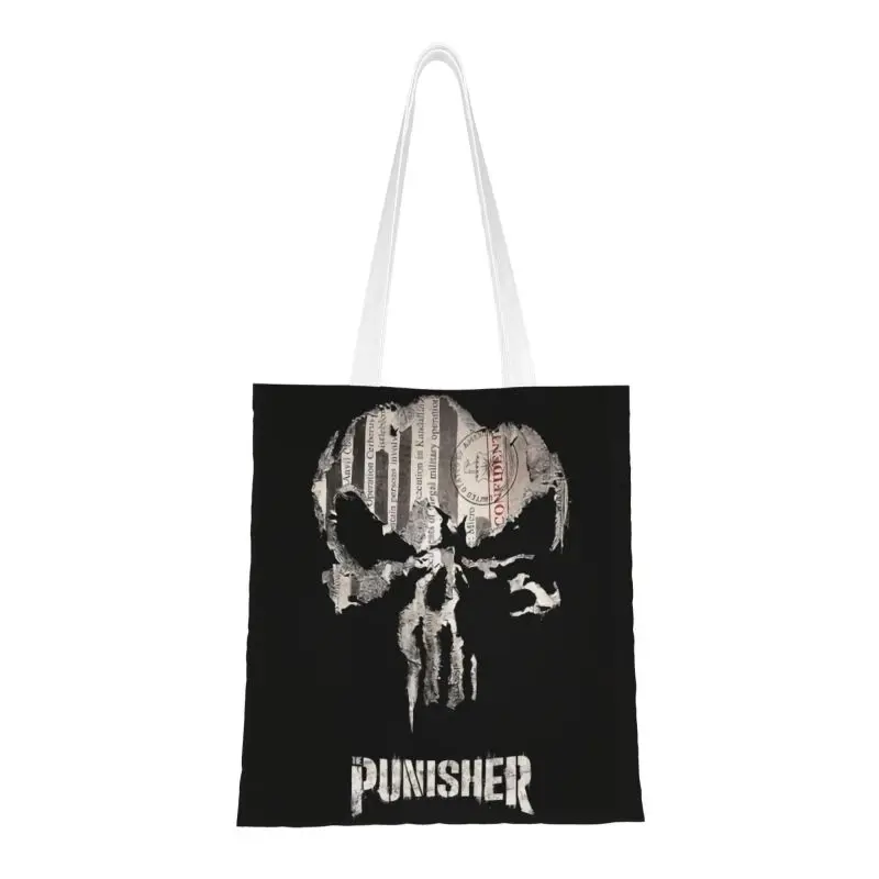 

Recycling Skeleton Skull Heavy Metal Punishers Shopping Bag Women Canvas Shoulder Tote Bag Washable Groceries Shopper Bags