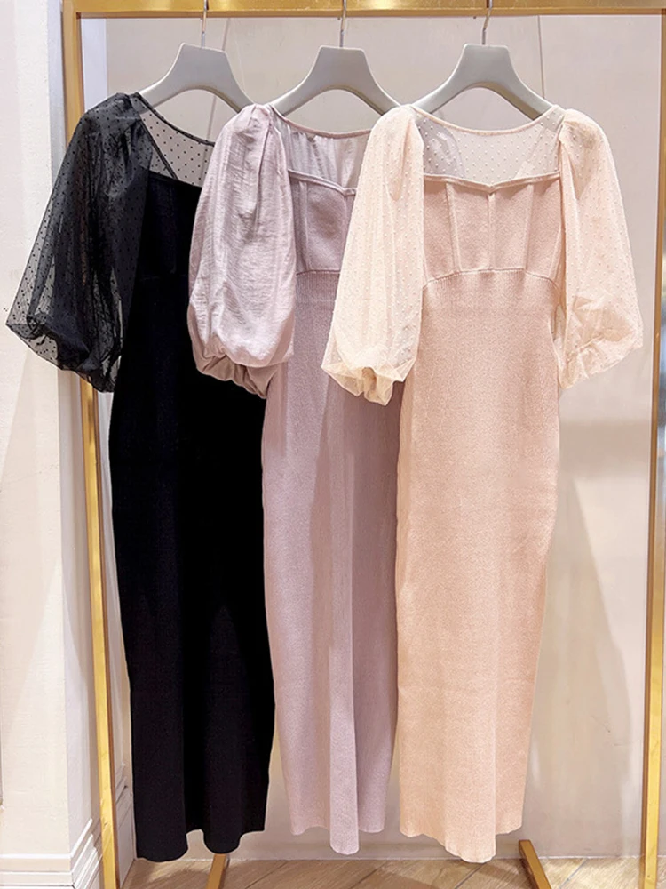 

2022 New Spring Summer Tulle Spliced Puff Sleeve Knitted Slim Fit Mid-calf Dress Japan Style Elegant Sweet Long Dresses Femme