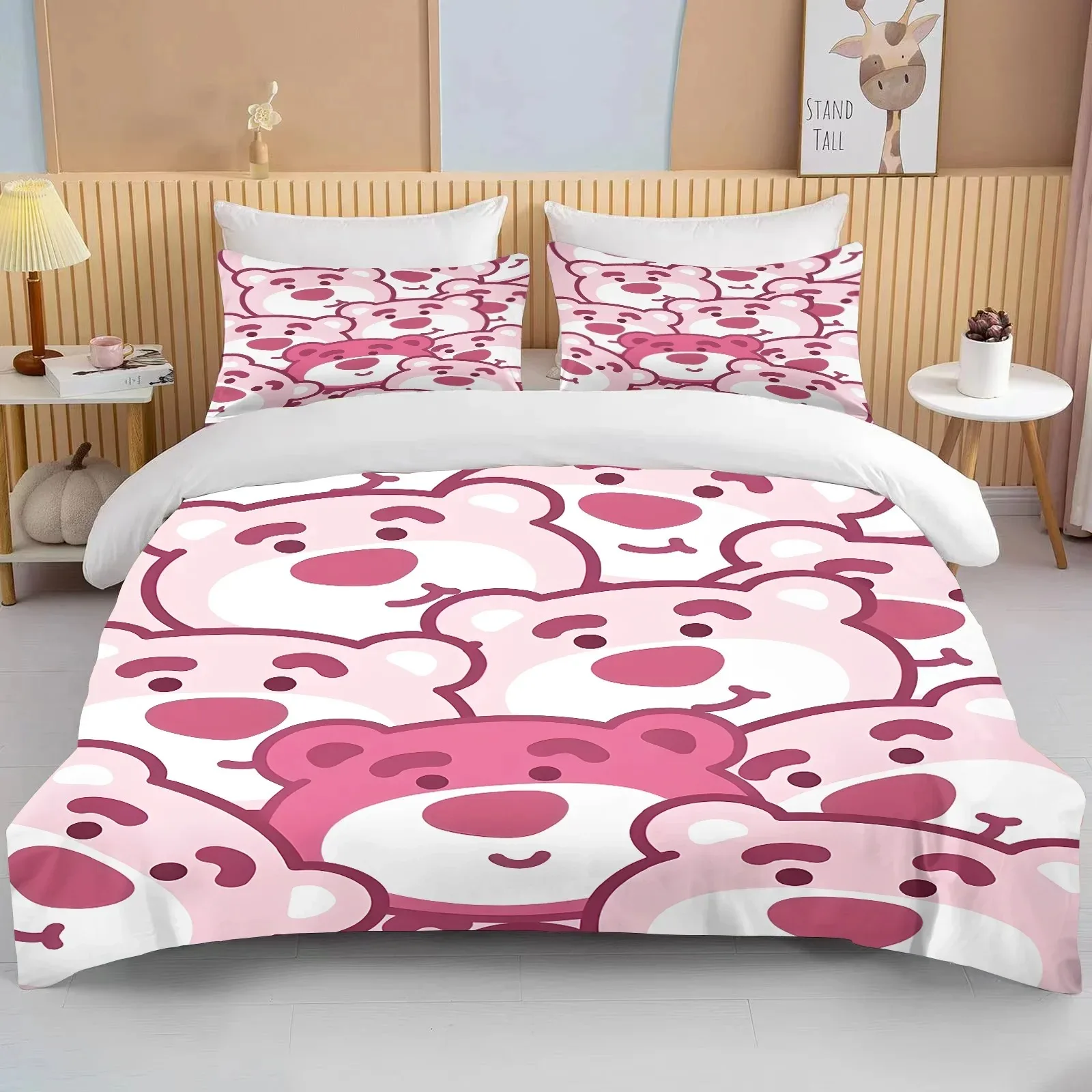 Наволочка с пододеяльником и клубничным медведем милый комплект постельного