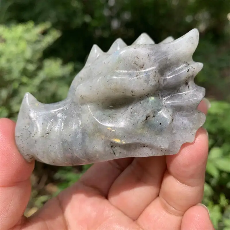 

Hand Carved Natural Labradorite Healing Crystal Carving Quartz Dragon Head Skulls Figurine Crafts Gift Home Decor