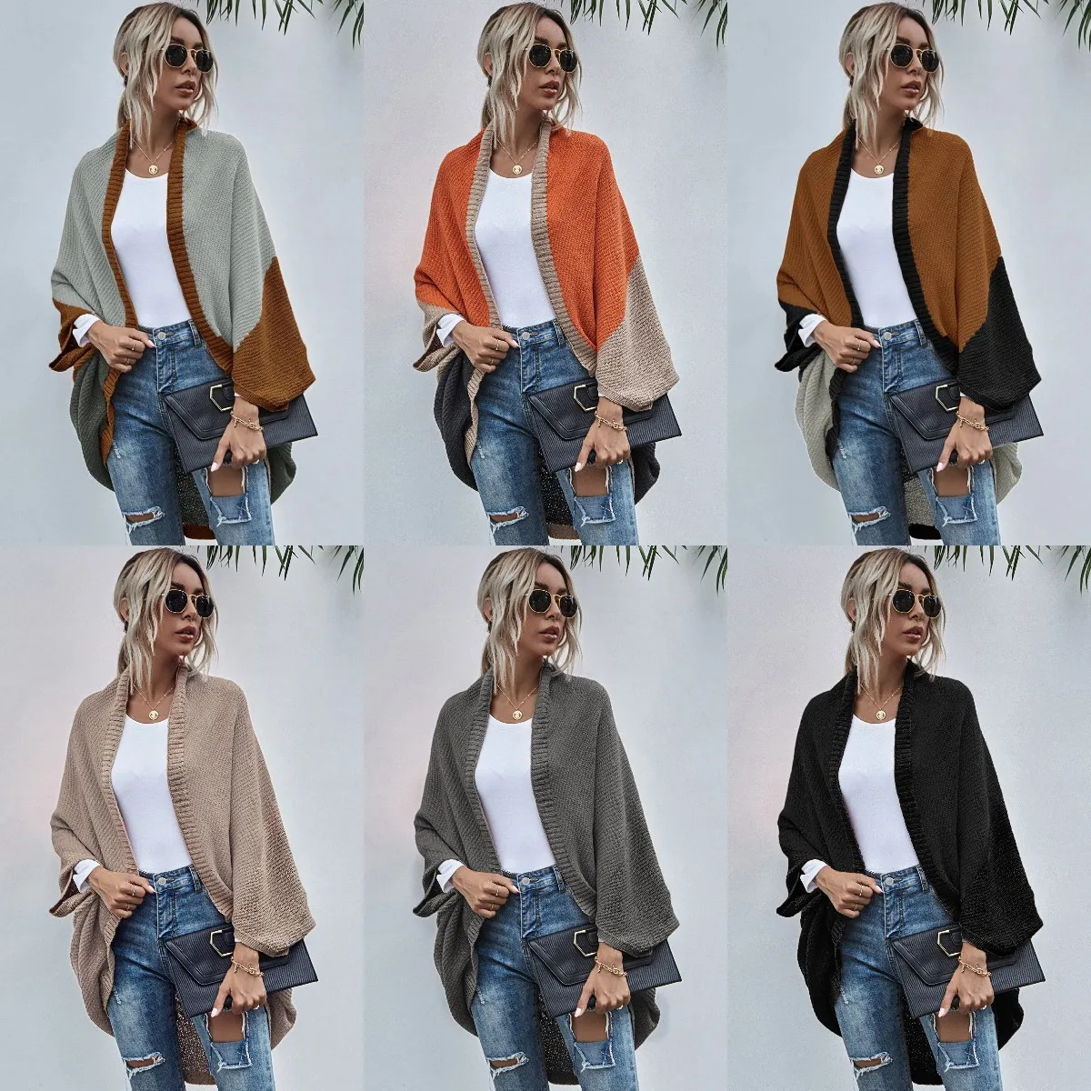 

Women’s Open Front Cropped Cardigan Long Sleeve Colorblock Knitted Soft Sweater Loose Lightweight Slouchy Coat Outwear