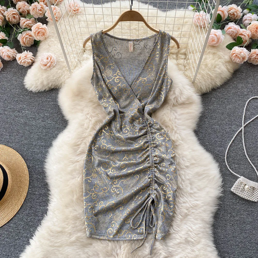 

Women Summer New Fashion V-neck Chest Fold Waist Slit Wrap Hip Short Dress Slim Sleeveless Sexy Clothes Vestidos D790