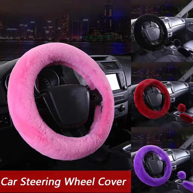 

Winter Warm Faux Wool Car Steering Wheel Covers with Soft Fluffy Handbrake Gear Shift Cover Universal Auto Protector Decoration