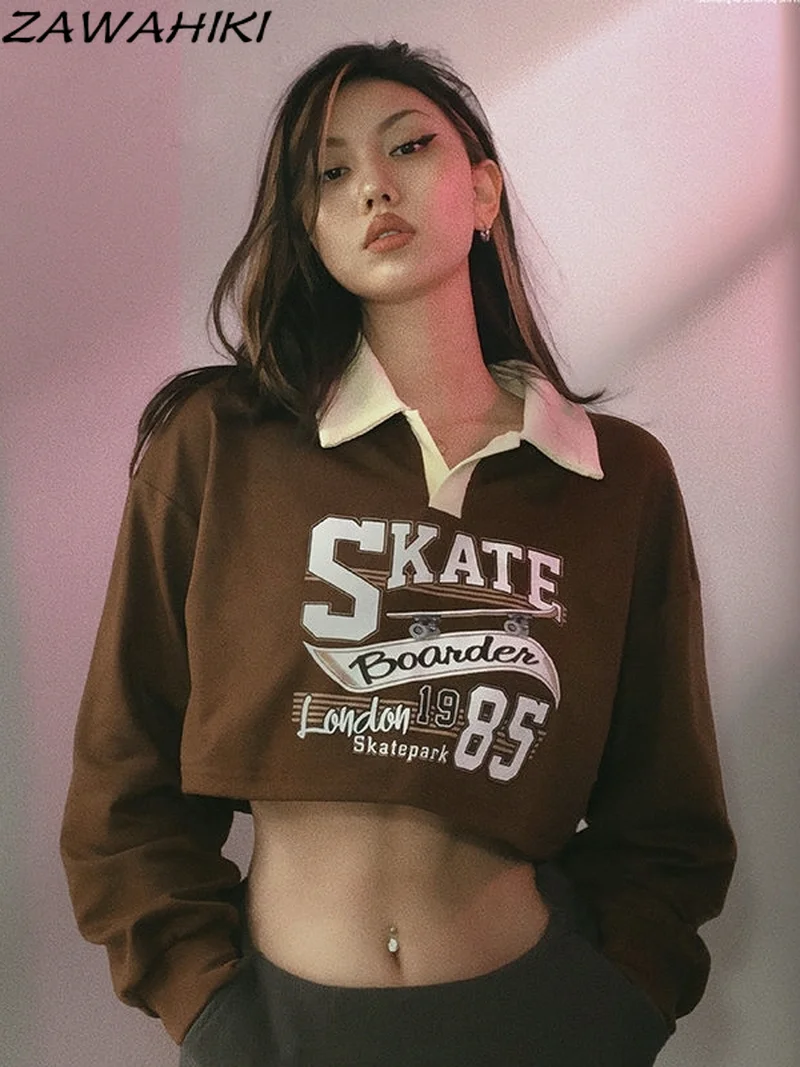 

American Vintage Polo Collar Retro Letter Print Pullover Hoodie Y2K Long Sleeve Cropped Top Button-up 90s Women Short Shirts