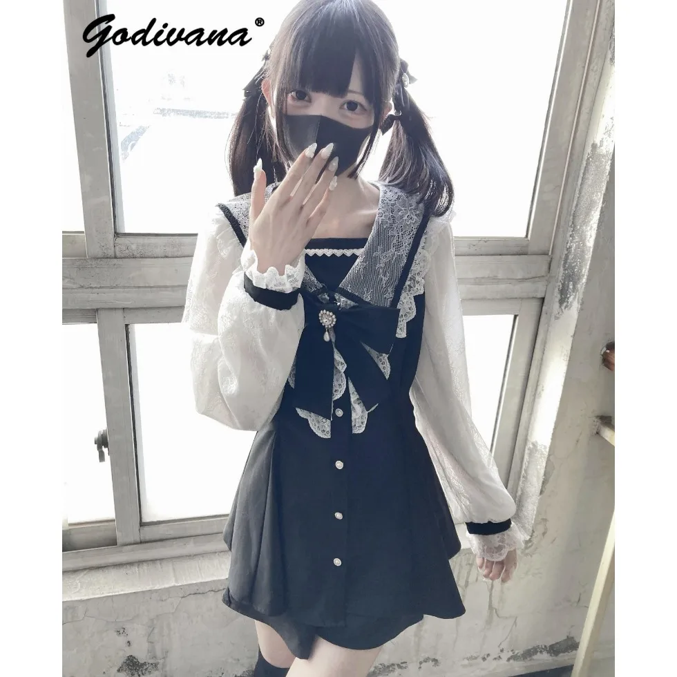 Новинка 2024 Весенняя Милая Кружевная рубашка с длинным рукавом и матросским