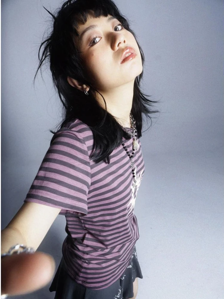 Женская футболка в полоску с коротким рукавом стиле Харадзюку |