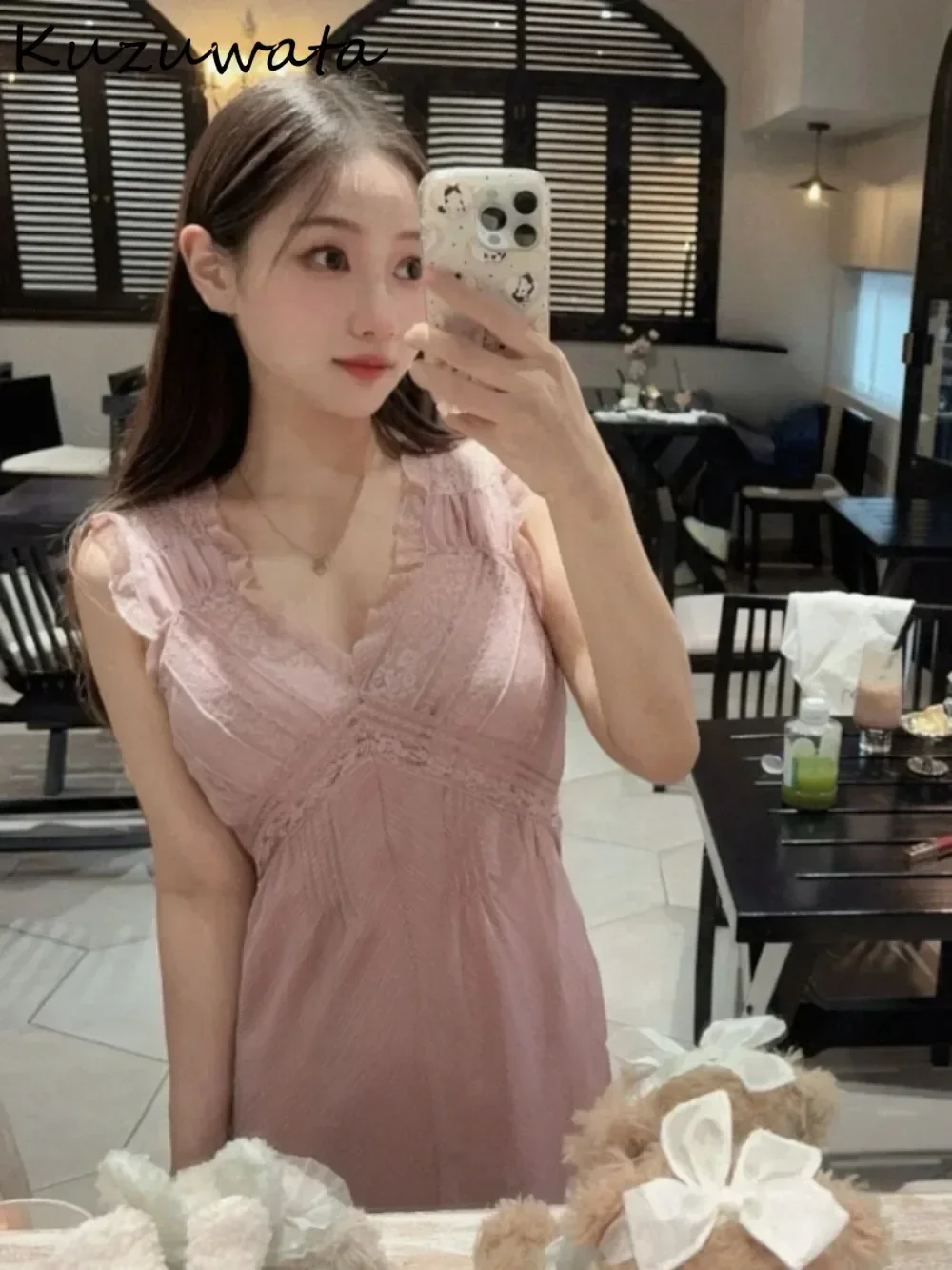 Kuzuwata Нежное осеннее новое платье с v-образным вырезом и летящими рукавами тяжелое