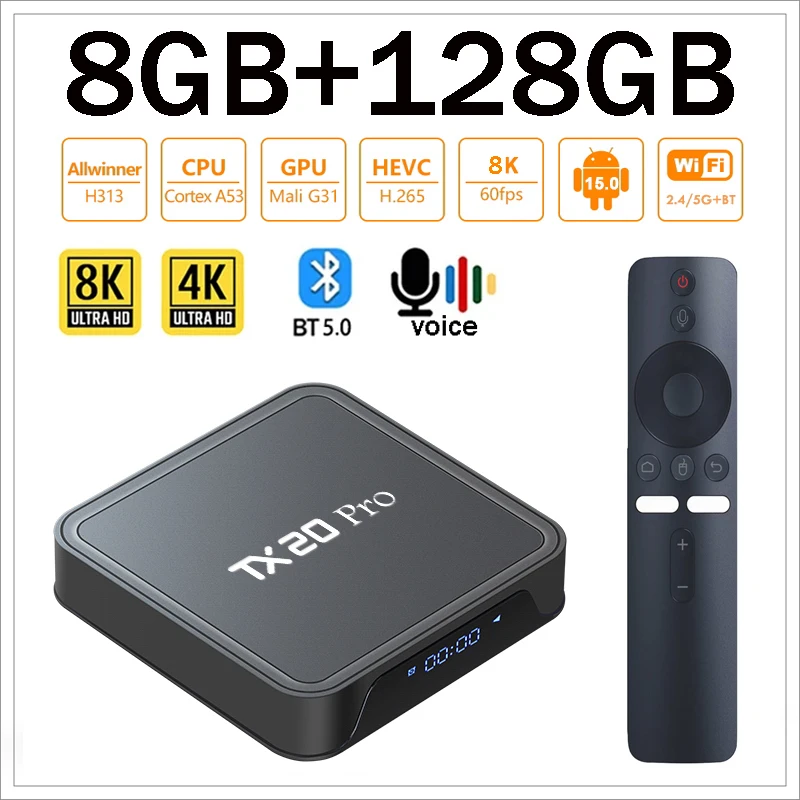 Фото ТВ-бокс TX20 Pro Android 15 Allwinner H313 Quad Core 8K 4K HD медиаплеер 4G 5G Dual WIFI BT5.0 8GB 128GB с голосовым пультом IPTV №1