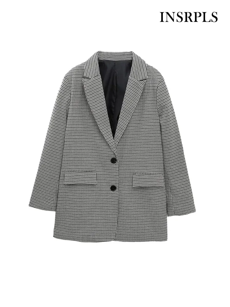 

INSRPLS Women Fashion Houndstooth Loose Blazer Coat Vintage Long Sleeve Flap Pockets Female Outerwear Chic Vestes Femmes