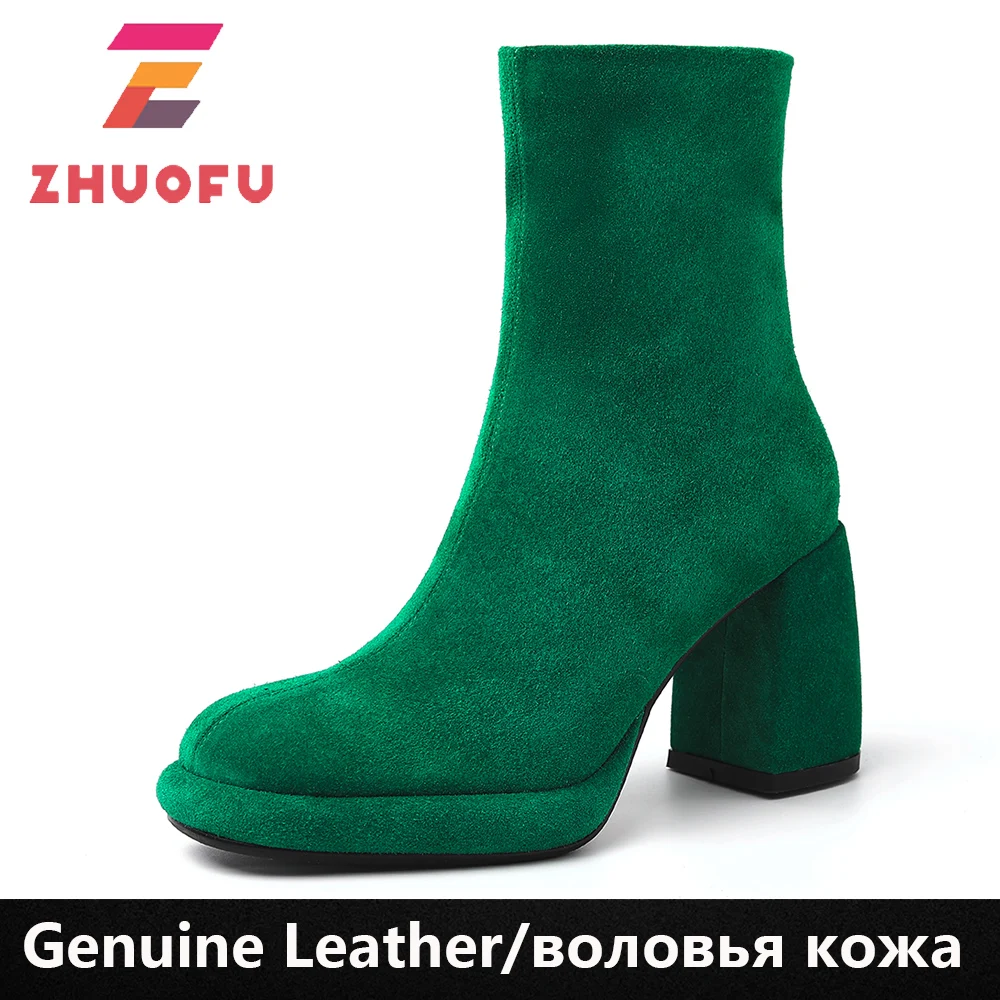 

ZHUOFU Ladies Cow Suede Women Boots Zipper Thick High Heels Shoes Ankle Winter Autumn Platform Boots Size 34-40