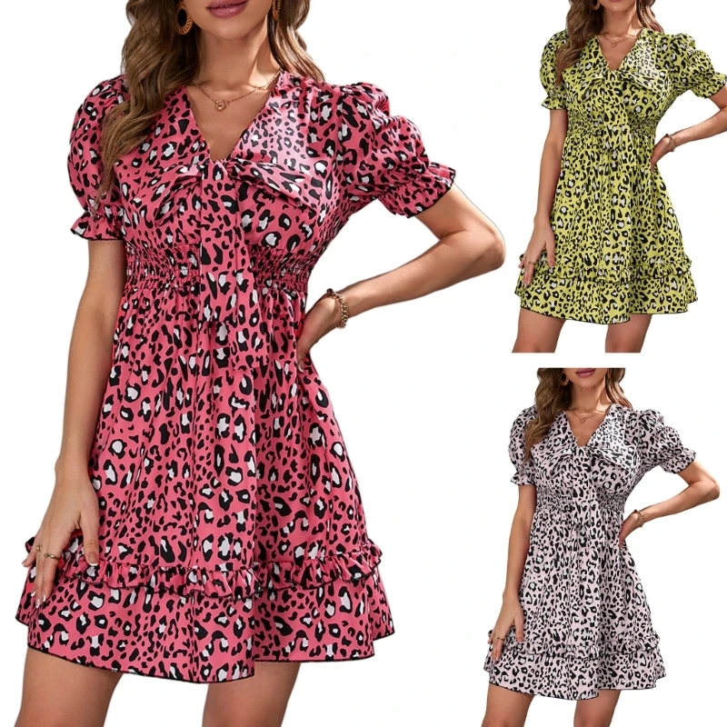 

New style Fashionable Puff Short-Sleeved Dress with Leopard Print Dress Casual Dresses V Neck for Women Girls