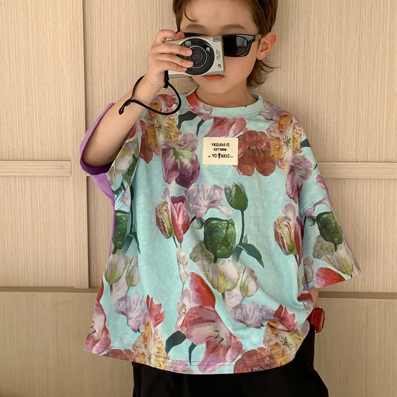 

Summer Boys T-Shirt Children's Tops Korean Style Fashion Casual Printing Thin Section Short Sleeve Flower Half Sleeve T-Shirt