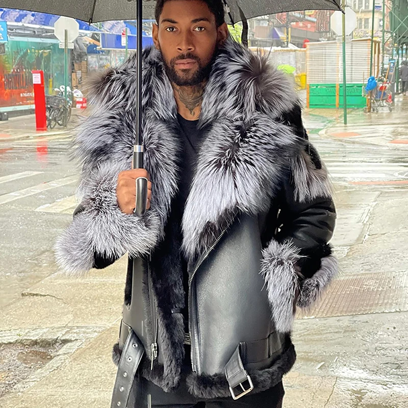 Natural Fox Fur Collar Patchwork Real Sheepskin Motorcycle Jacket Men's High Street Thick Tops Winter Genuine Fox Fur Coat Male