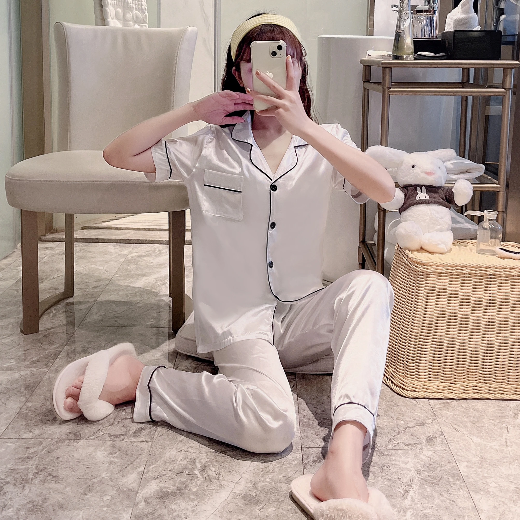Summer long sleeve trousers solid color silk-like women's pajamas casual loose and comfortable girls home clothing two-piece sui
