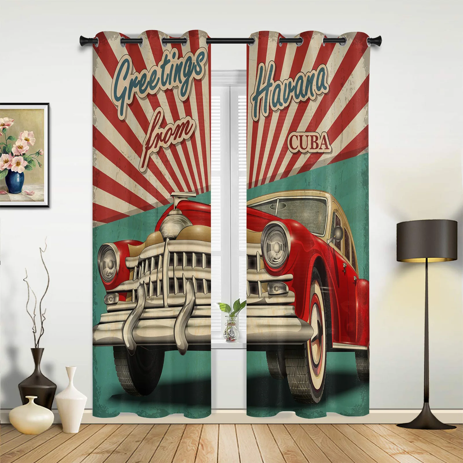 

Red Car Retro Curtains for Bedroom Living Room Drapes Kitchen Children's Room Window Curtain Modern Home Decor