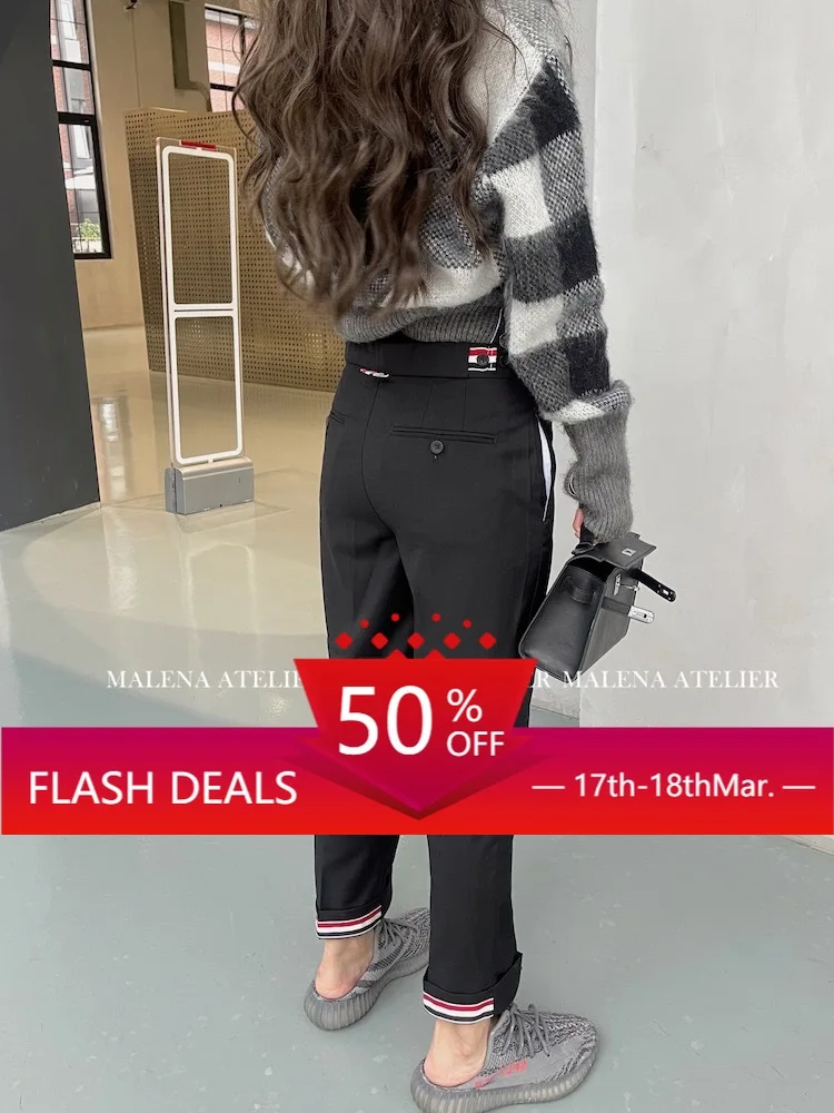 

tb pants women's spring and autumn casual pants ninth pants high waist slim straight pants texture black suit pants small man