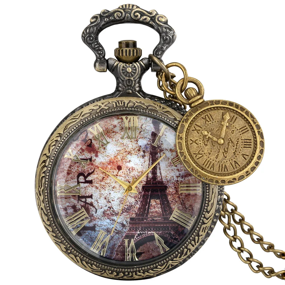 

Classical Bronze Men's Pocket Watch Paris Iron Tower Dial Slim Chain with Roman Tag Unisex Exquisite Pendant Clock Unique Gift