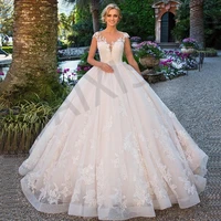 vintage wedding dresses appliques elegant ball bride vestido formal illusion o neck short sleeve a line backless robe de mariee