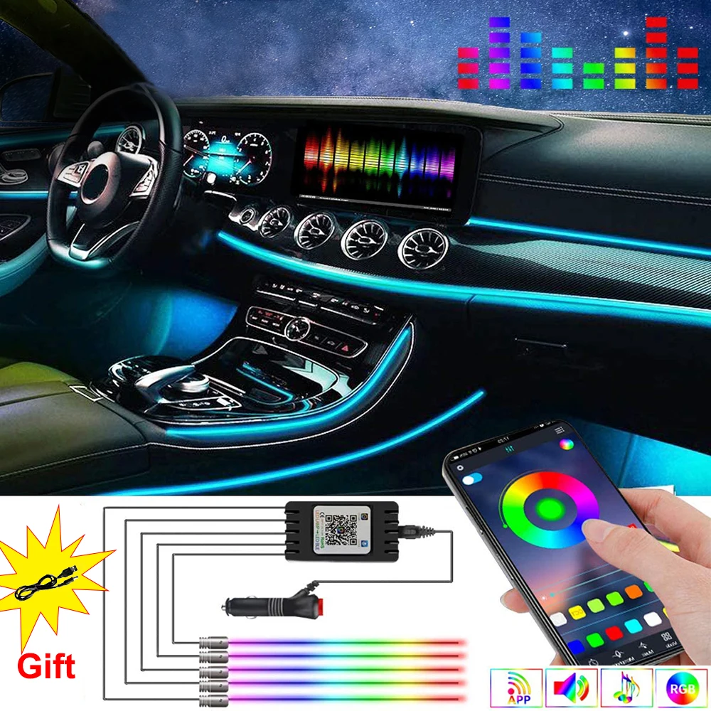 

RGB LED Atmosphere Car Interior Ambient Light Fiber Optic Strips Light by App Control Neon LED Auto Decorative Lamp