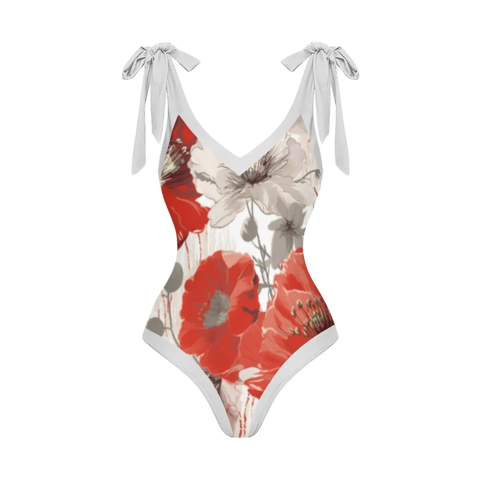 

Женский слитный купальник с цветочным принтом, пляжная одежда с V-образным вырезом, лямкой на шее и бантом, летний Монокини, купальный костюм с контролем живота