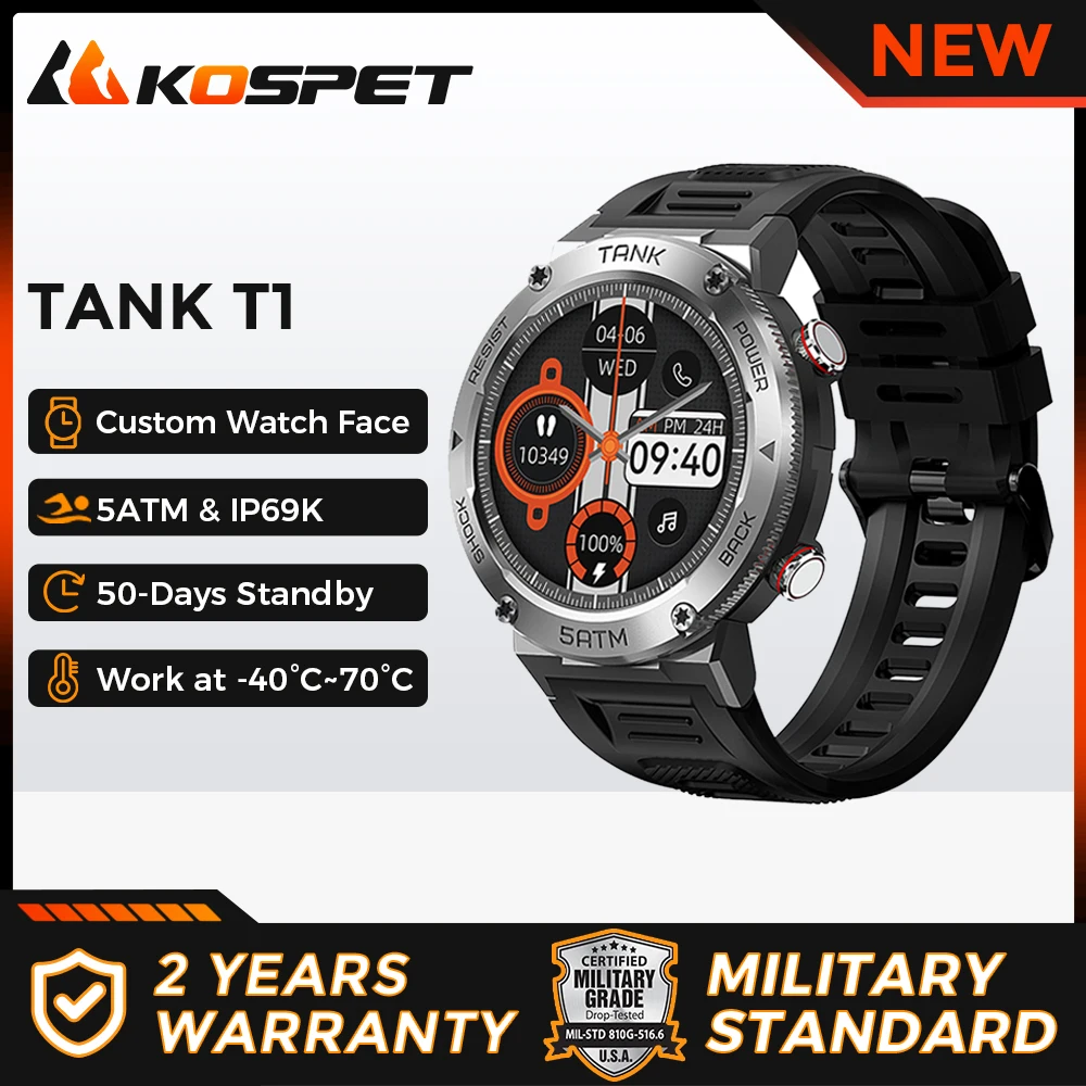 2022 NEW Smartwatch KOSPET TANK T1 Smart Watch Men Прочные водонепроницаемые умные часы 5ATM с
