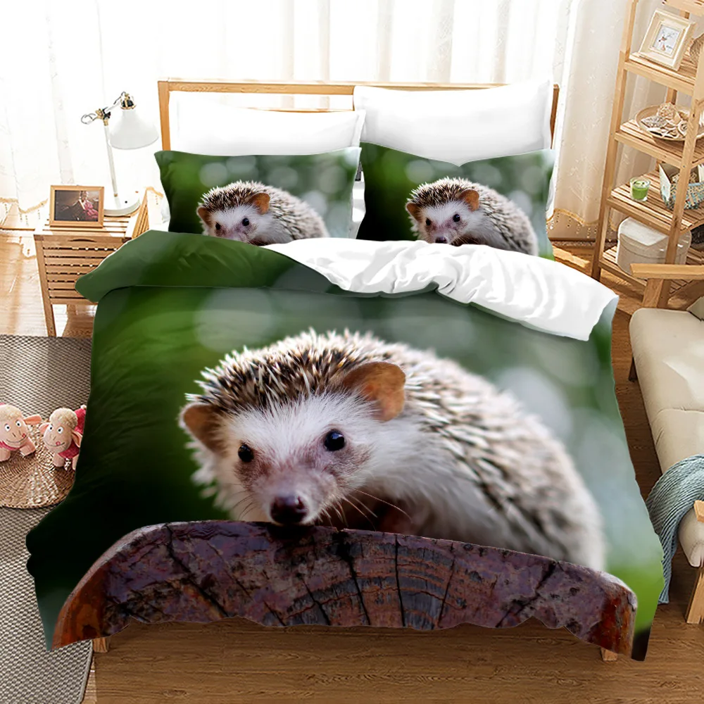 

Hedgehog Duvet Cover King/Queen Size,Cute Brown Hedgehog Pattern Print Quilt Cover for Kids Girls Boy,animal Theme Bedding,green