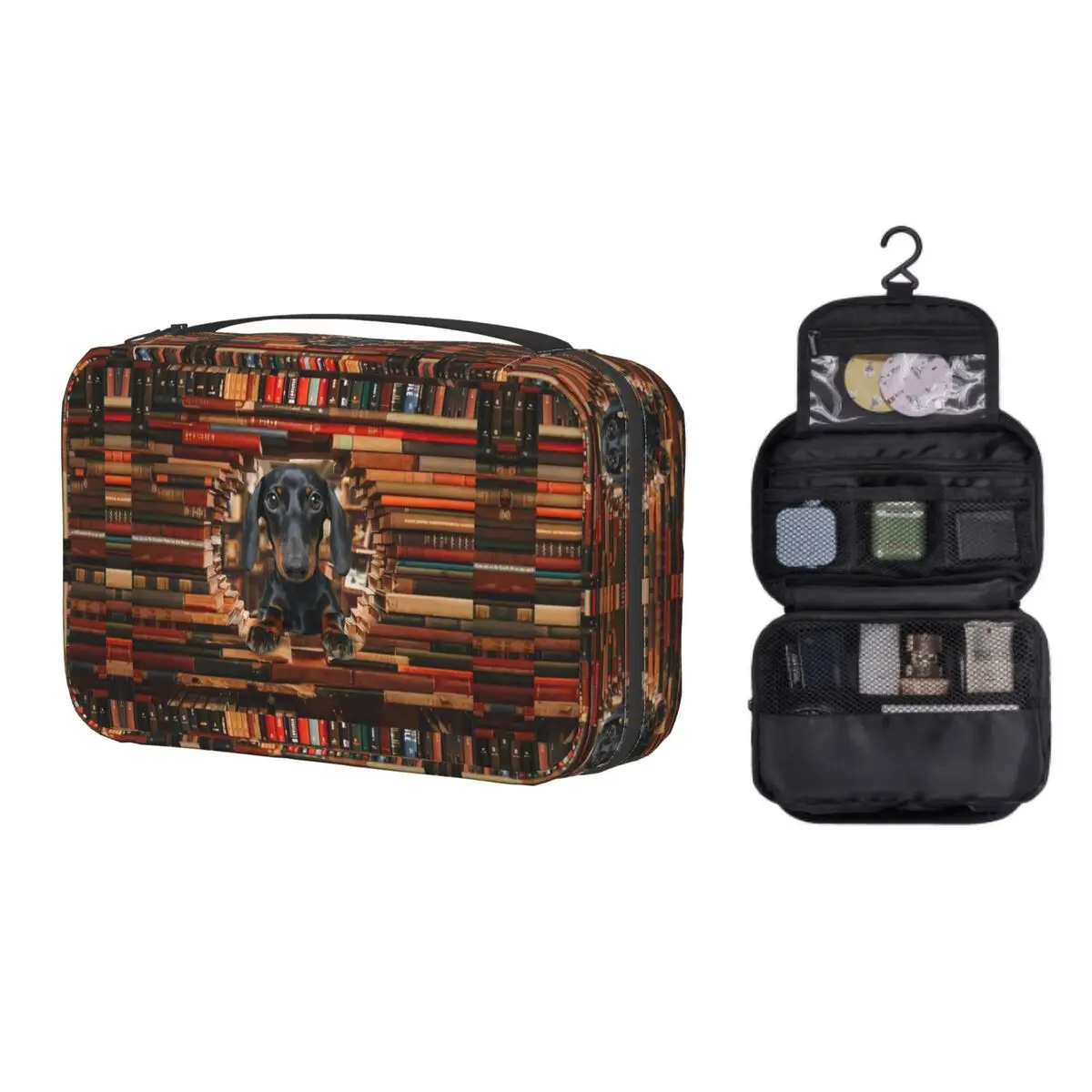 

Vintage Dachshund Book Shelf Makeup Bag for Women Travel Cosmetic Organizer Wiener Sausage Dog Hanging Storage Toiletry Bags