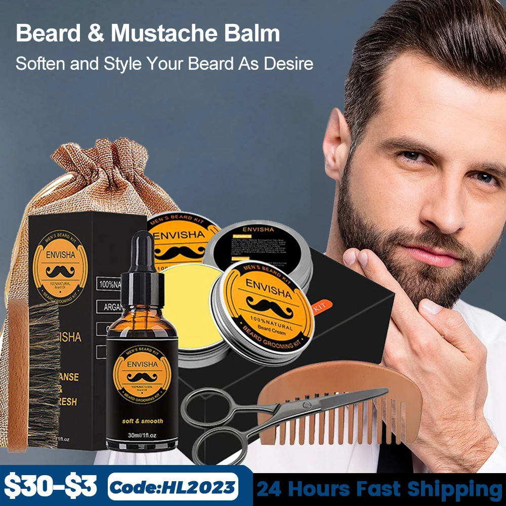 

1Set Men Beard Grooming Kit Mustache Beard Hair Growth Oil Styling Tool Beard Essential Balm Comb Moisturize Wax Scissor