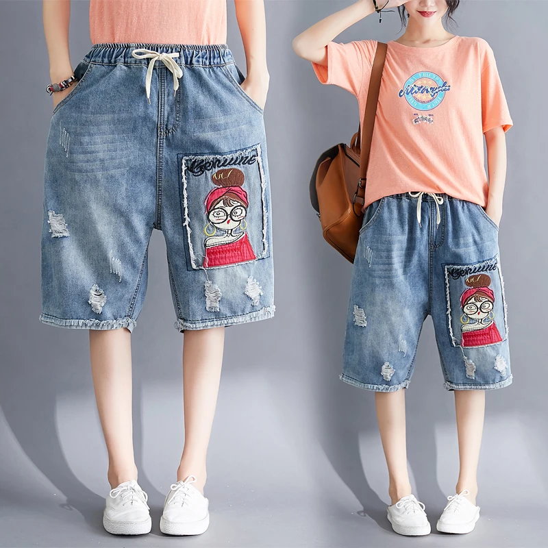 Women Summer Embroidery Cartoon Patchwork Vintage Ripped Hole Casual Shorts Female Elastic Drawstring Denim Shorts Streetwear