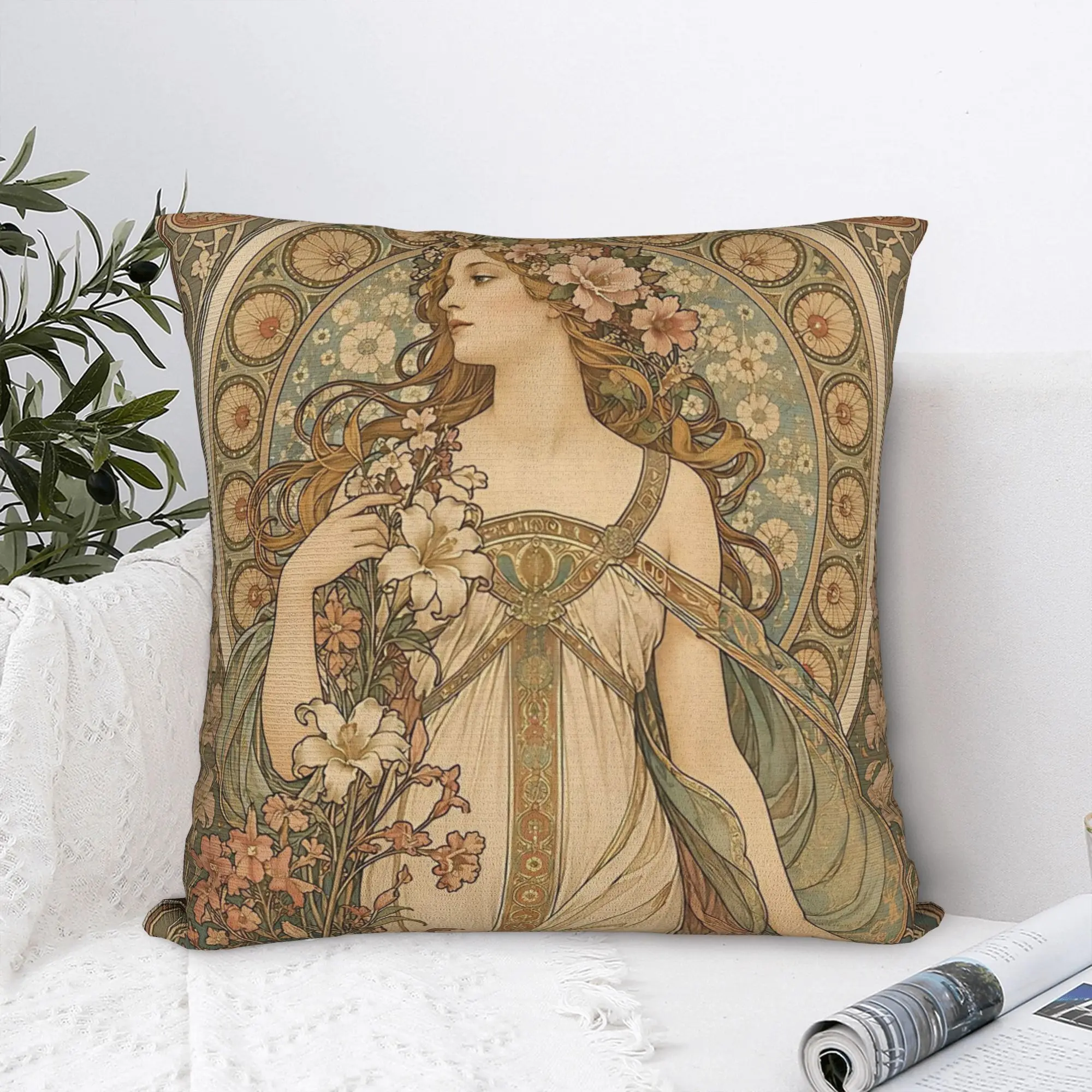 Фото Наволочки Alphonse Mucha Spring 1898, квадратные наволочки, модные декоративные наволочки на молнии для дома, 45x45 см №1