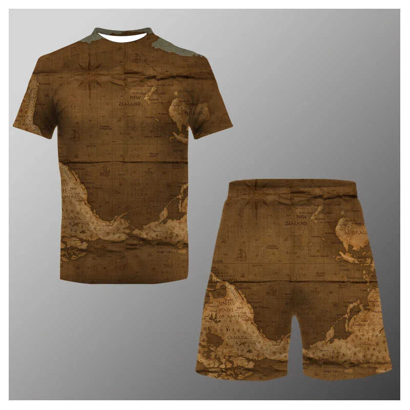 

2022 Summer Hot 3D Europe and America Medieval Map T-Shirt Men's Suit Fashion Loose Plus Size 3D Printing T-Shirt Street Pattern