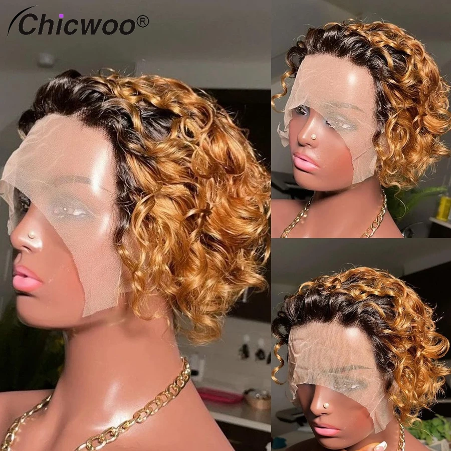 

CHICWOO Ombre медово-Светлые Коричневые женские парики, парик с кудрявыми волосами, волнистые волосы 13x 4 на сетке спереди, бразильские натуральные волосы Remy