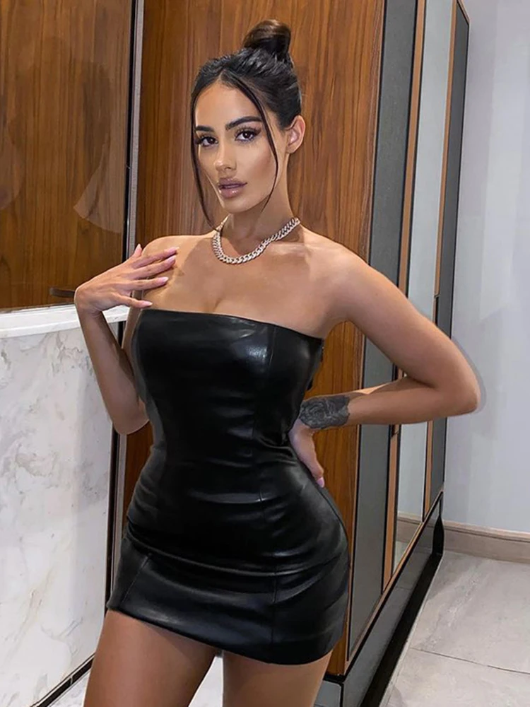 Мини-платье из искусственной кожи пикантное облегающее платье с открытой спиной