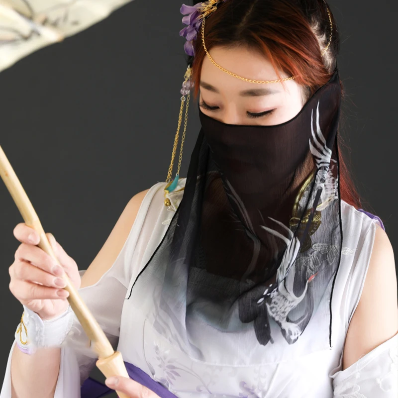 Фото Элегантная Античная шифоновая вуаль Hanfu, защитная маска для лица, костюм ханьфу из древнего китайского фарфора, Женские аксессуары для косплея, фата №1