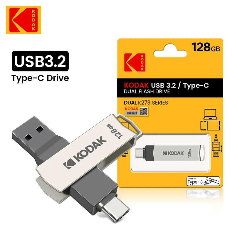 

KODAK K273 Type C Metal USB3.1 Flash Drive 64GB 128GB 256GB USB 3.0 Memory stick OTG U Disk Dual Pendrive For Type-C Free Ship