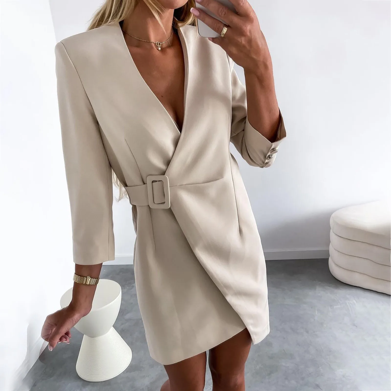 

Elegant Dresses For Women Sexy Casual Buttocks V-neck Solid Long Leeve Mini Dress Vestidos Elegantes Para Mujer Платье Женское