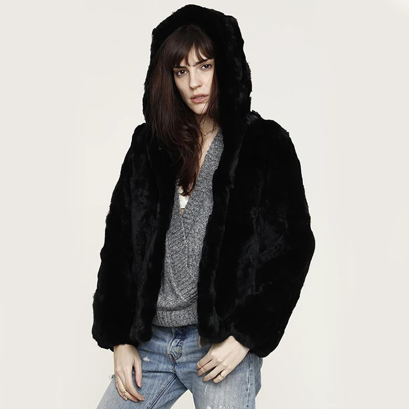 Women's Hooded Real Rabbit Fur Coat Natural Rex Rabbit Fur O-Neck Warm Jackets Fashion Rabbit Full Pelt Genuine Fur Outerwears