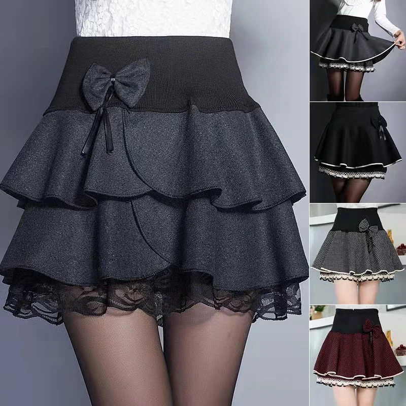 

Korean Fashion Autumn Winter Wool Women Skirt A-Line Double Ruffles Bow Pleated Elastic High Waist Lace Umbrella Mini Skirts