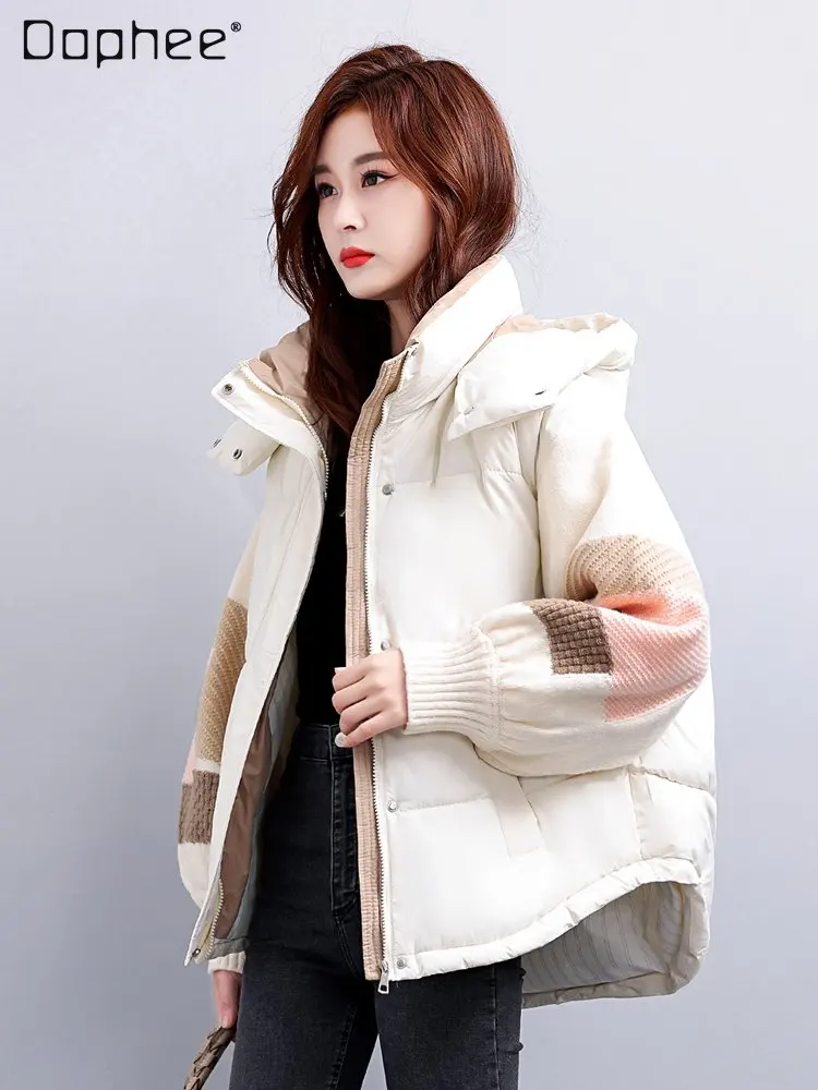 Women's New Down Cotton-Padded Hooded Coat Winter Fashion Slimming Sweater Stitching Cotton-Padded Thickened Coat for Ladies