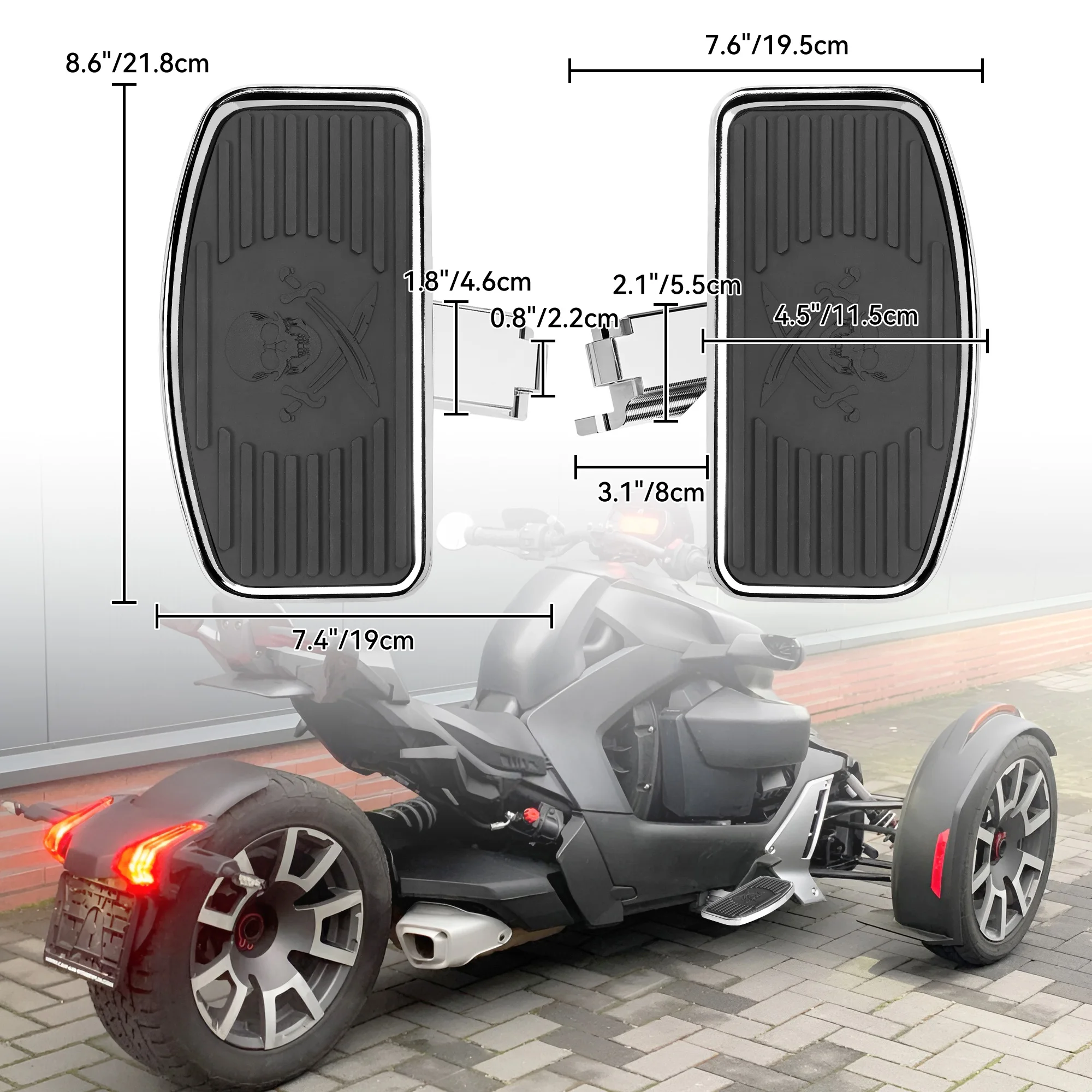 Фото Широкие хромированные подножки для Can-Am Ryker 2019-2025. Двухлезвийный дизайн в виде призрачной головы привлекает внимание. Прочный алюминий №3