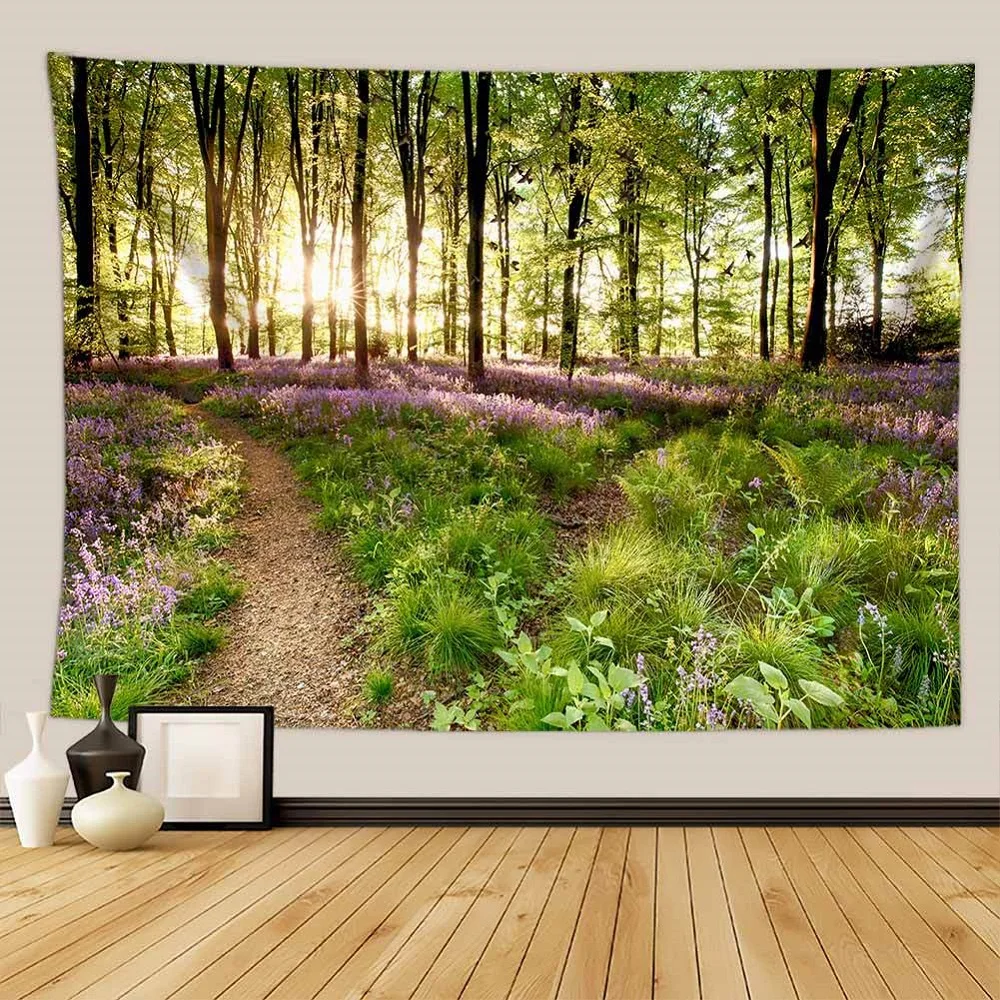 

Forest Scenery Tapestry Nature Rainforest Sunshine Through Tree Flowers Tapestries Bedroom Living Room Dorm Decor Wall Hanging